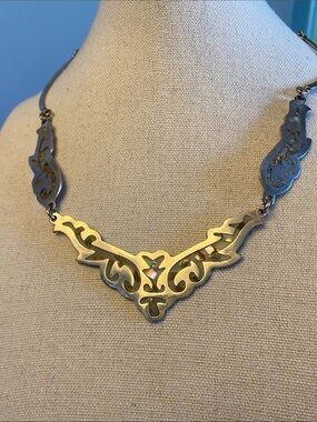 Vintage Mexico Alpaca Silver Abalone Shell Inlay Necklace 18”